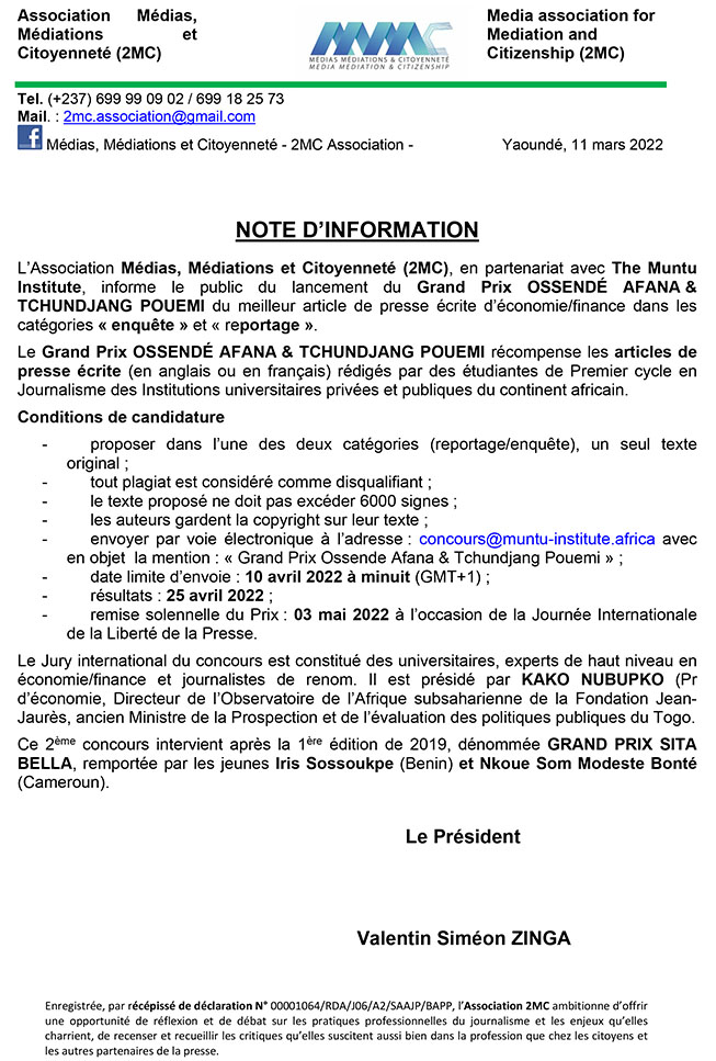 Microsoft Word - Note d'information Prix Ossende Afana &amp; Tchundj